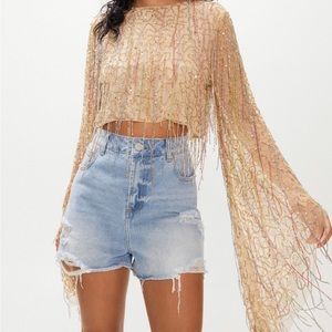 Flare Sleeve Tassel Sequin Crop Top